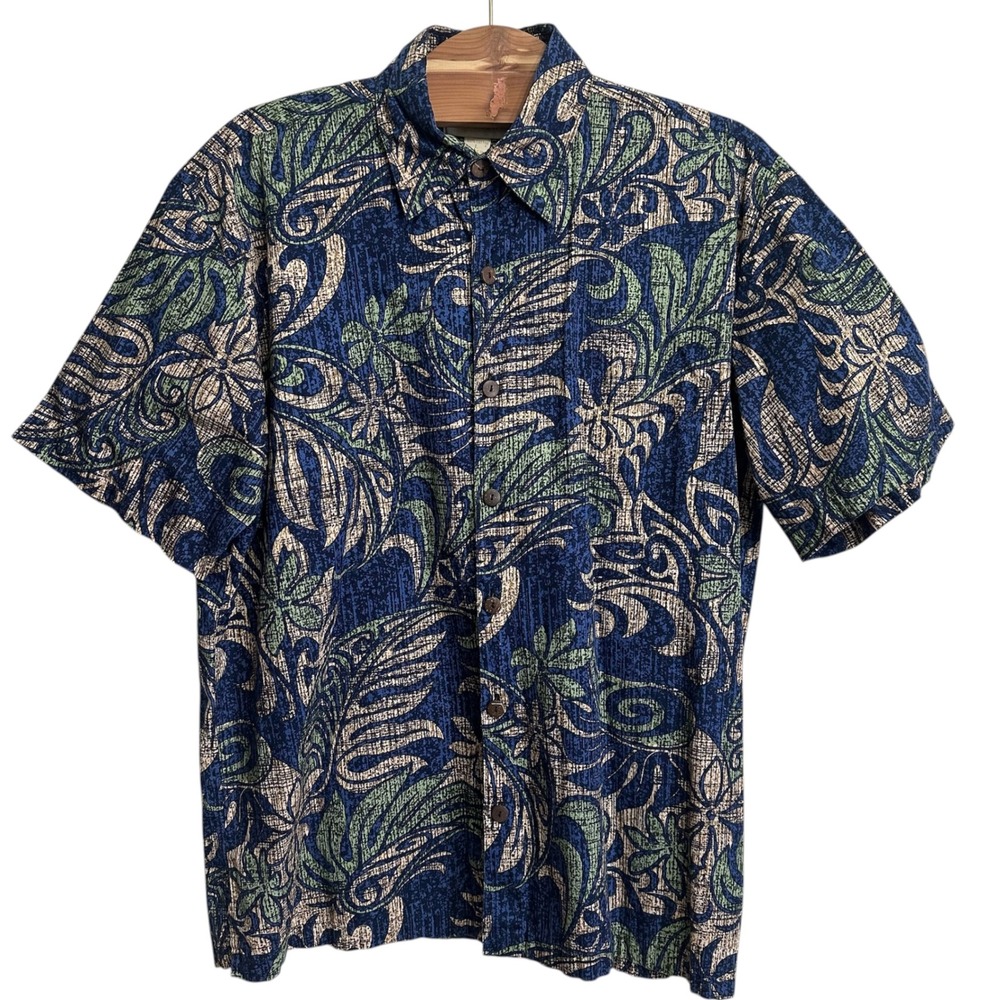 Maui Clothing Company Shirt Mens Large Hawaiian 100% Cotton Blue Green Floral